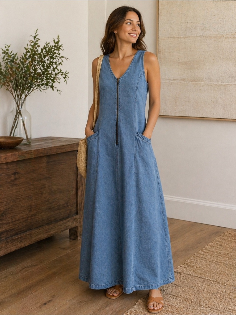 Russ Petite PL Denim Maxi Dress Chambray Zip Front Pockets Casual